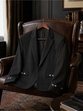 Scottish Argyll Kilt Jacket 46R 100% Pure New Wool Black Traditional Highland